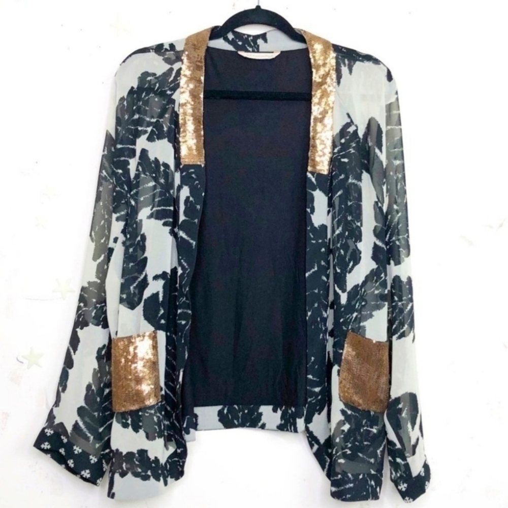 Soft Surroundings Black White Midnight Fern Gold Sequin Cardigan Women's Medium